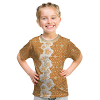 Personalised Tufi Tapa and Tattoo Festival Kid T Shirt Oro Tapa Cloth With Plumeria LT14 Brown - Polynesian Pride
