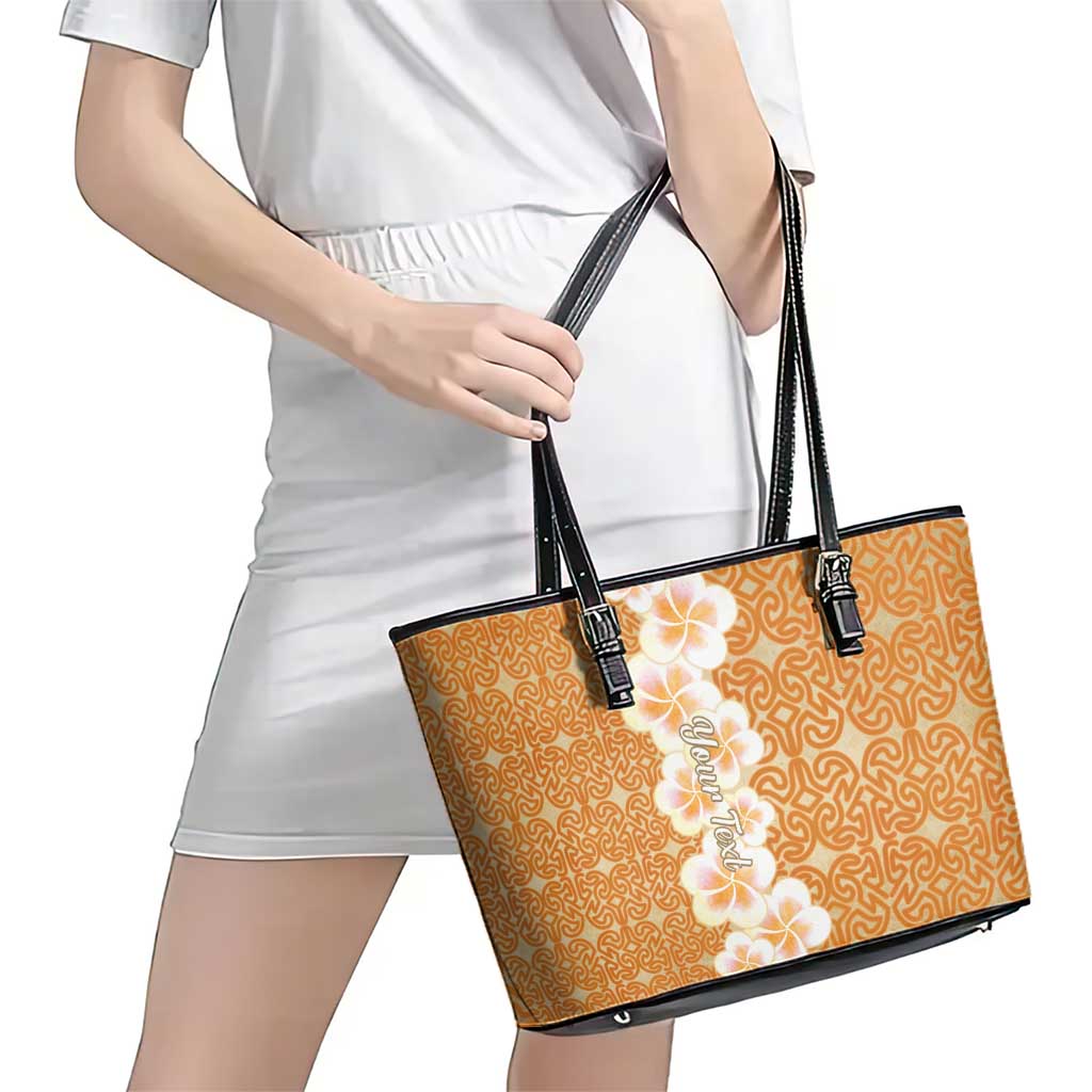 Personalised Tufi Tapa and Tattoo Festival Leather Tote Bag Oro Tapa Cloth With Plumeria - Polynesian Pride