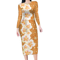 Personalised Tufi Tapa and Tattoo Festival Long Sleeve Bodycon Dress Oro Tapa Cloth With Plumeria LT14 Long Dress Brown - Polynesian Pride