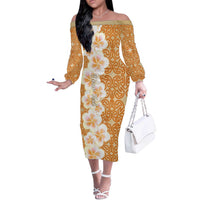 Personalised Tufi Tapa and Tattoo Festival Off The Shoulder Long Sleeve Dress Oro Tapa Cloth With Plumeria LT14 Women Brown - Polynesian Pride