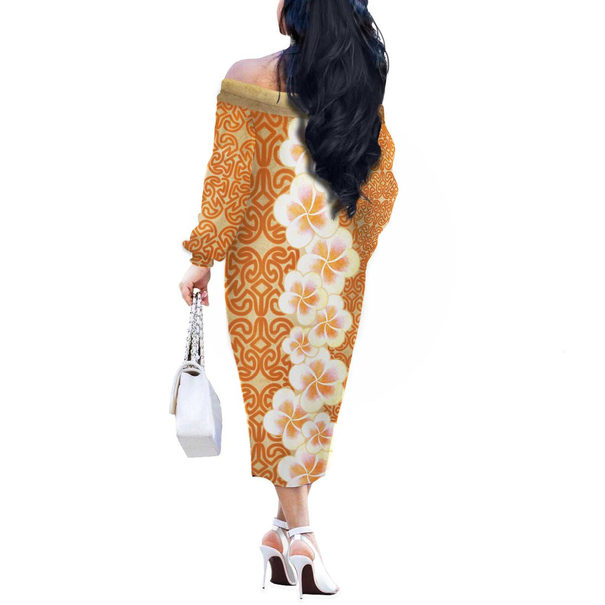Personalised Tufi Tapa and Tattoo Festival Off The Shoulder Long Sleeve Dress Oro Tapa Cloth With Plumeria LT14 - Polynesian Pride