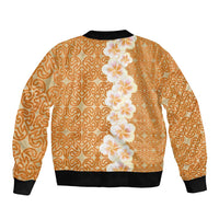 Personalised Tufi Tapa and Tattoo Festival Sleeve Zip Bomber Jacket Oro Tapa Cloth With Plumeria - Polynesian Pride