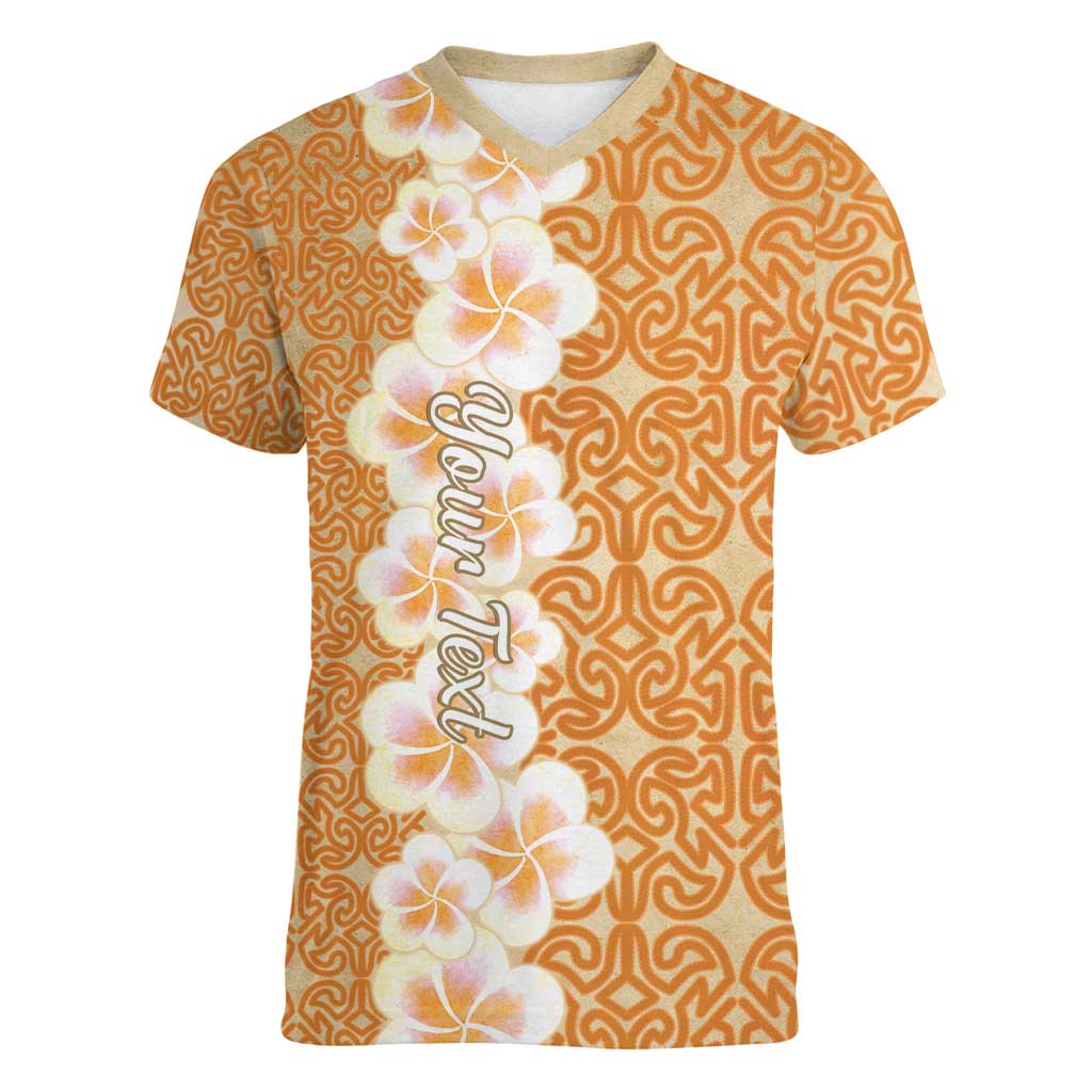Personalised Tufi Tapa and Tattoo Festival Women V-Neck T-Shirt Oro Tapa Cloth With Plumeria - Polynesian Pride
