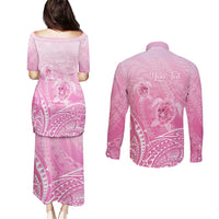 Personalised Polynesia Breast Cancer Awareness Couples Matching Puletasi and Long Sleeve Button Shirt No One Fights Alone Turtle Ribbon - Pink Version