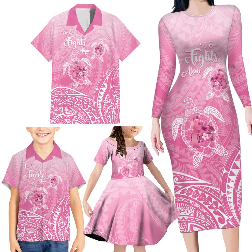 Personalised Polynesia Breast Cancer Awareness Family Matching Long Sleeve Bodycon Dress and Hawaiian Shirt No One Fights Alone Turtle Ribbon - Pink Version LT14 - Polynesian Pride