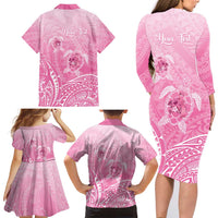 Personalised Polynesia Breast Cancer Awareness Family Matching Long Sleeve Bodycon Dress and Hawaiian Shirt No One Fights Alone Turtle Ribbon - Pink Version LT14 - Polynesian Pride