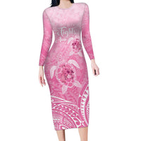 Personalised Polynesia Breast Cancer Awareness Family Matching Long Sleeve Bodycon Dress and Hawaiian Shirt No One Fights Alone Turtle Ribbon - Pink Version LT14 Mom's Dress Pink - Polynesian Pride