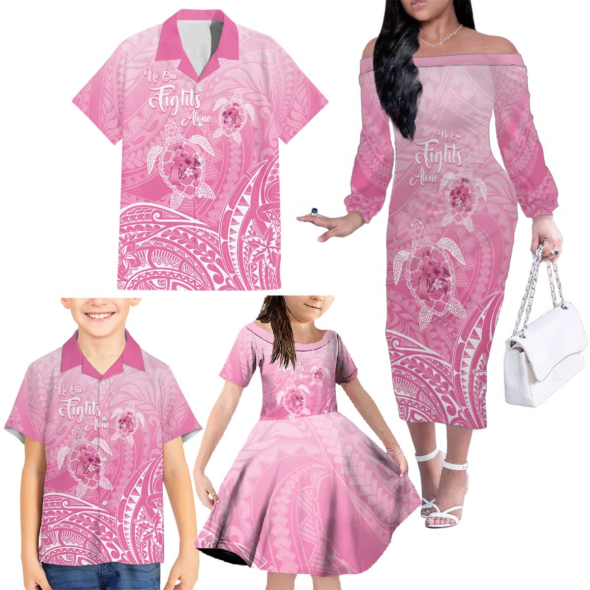 Personalised Polynesia Breast Cancer Awareness Family Matching Off The Shoulder Long Sleeve Dress and Hawaiian Shirt No One Fights Alone Turtle Ribbon - Pink Version LT14 - Polynesian Pride