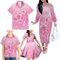 Personalised Polynesia Breast Cancer Awareness Family Matching Off The Shoulder Long Sleeve Dress and Hawaiian Shirt No One Fights Alone Turtle Ribbon - Pink Version LT14 - Polynesian Pride