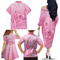 Personalised Polynesia Breast Cancer Awareness Family Matching Off The Shoulder Long Sleeve Dress and Hawaiian Shirt No One Fights Alone Turtle Ribbon - Pink Version LT14 - Polynesian Pride
