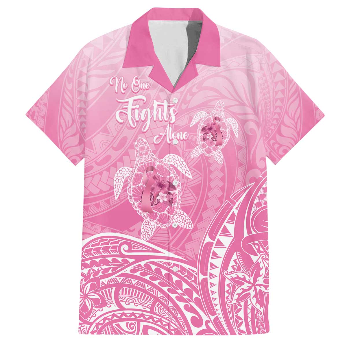 Personalised Polynesia Breast Cancer Awareness Family Matching Off The Shoulder Long Sleeve Dress and Hawaiian Shirt No One Fights Alone Turtle Ribbon - Pink Version LT14 Dad's Shirt - Short Sleeve Pink - Polynesian Pride