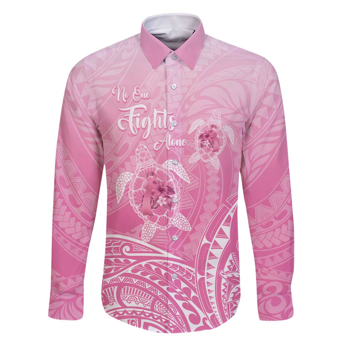 Personalised Polynesia Breast Cancer Awareness Family Matching Off The Shoulder Long Sleeve Dress and Hawaiian Shirt No One Fights Alone Turtle Ribbon - Pink Version LT14 Dad's Shirt - Long Sleeve Pink - Polynesian Pride