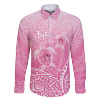 Personalised Polynesia Breast Cancer Awareness Family Matching Off The Shoulder Long Sleeve Dress and Hawaiian Shirt No One Fights Alone Turtle Ribbon - Pink Version LT14 Dad's Shirt - Long Sleeve Pink - Polynesian Pride