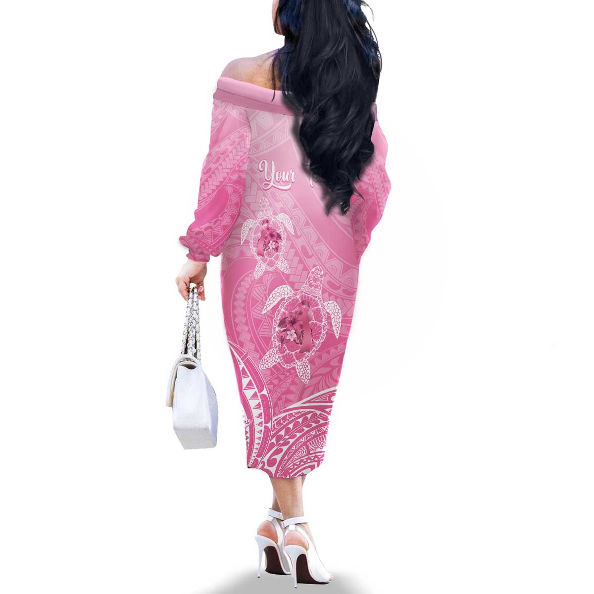 Personalised Polynesia Breast Cancer Awareness Family Matching Off The Shoulder Long Sleeve Dress and Hawaiian Shirt No One Fights Alone Turtle Ribbon - Pink Version LT14 - Polynesian Pride