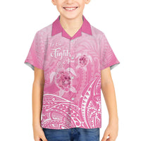 Personalised Polynesia Breast Cancer Awareness Family Matching Off The Shoulder Long Sleeve Dress and Hawaiian Shirt No One Fights Alone Turtle Ribbon - Pink Version LT14 Son's Shirt Pink - Polynesian Pride