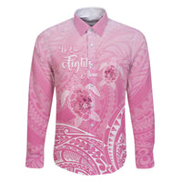 Personalised Polynesia Breast Cancer Awareness Family Matching Off Shoulder Maxi Dress and Hawaiian Shirt No One Fights Alone Turtle Ribbon - Pink Version