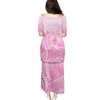 Personalised Polynesia Breast Cancer Awareness Family Matching Puletasi and Hawaiian Shirt No One Fights Alone Turtle Ribbon - Pink Version