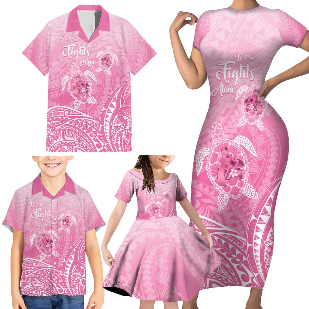 Personalised Polynesia Breast Cancer Awareness Family Matching Short Sleeve Bodycon Dress and Hawaiian Shirt No One Fights Alone Turtle Ribbon - Pink Version LT14 - Polynesian Pride