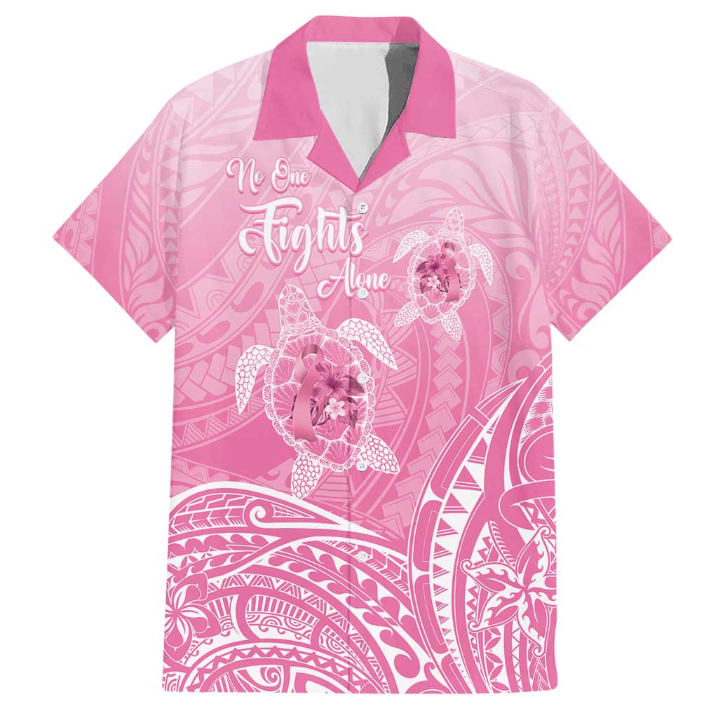 Personalised Polynesia Breast Cancer Awareness Family Matching Short Sleeve Bodycon Dress and Hawaiian Shirt No One Fights Alone Turtle Ribbon - Pink Version LT14 Dad's Shirt - Short Sleeve Pink - Polynesian Pride