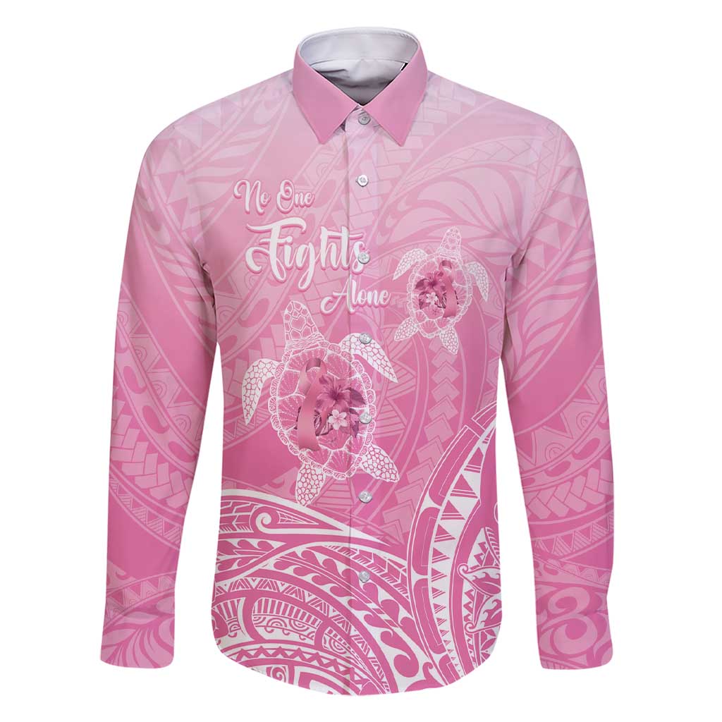 Personalised Polynesia Breast Cancer Awareness Family Matching Short Sleeve Bodycon Dress and Hawaiian Shirt No One Fights Alone Turtle Ribbon - Pink Version LT14 Dad's Shirt - Long Sleeve Pink - Polynesian Pride