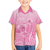 Personalised Polynesia Breast Cancer Awareness Family Matching Short Sleeve Bodycon Dress and Hawaiian Shirt No One Fights Alone Turtle Ribbon - Pink Version LT14 Son's Shirt Pink - Polynesian Pride