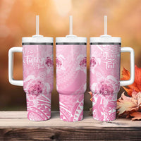 Personalised Polynesia Breast Cancer Awareness Tumbler With Handle No One Fights Alone Turtle Ribbon - Pink Version