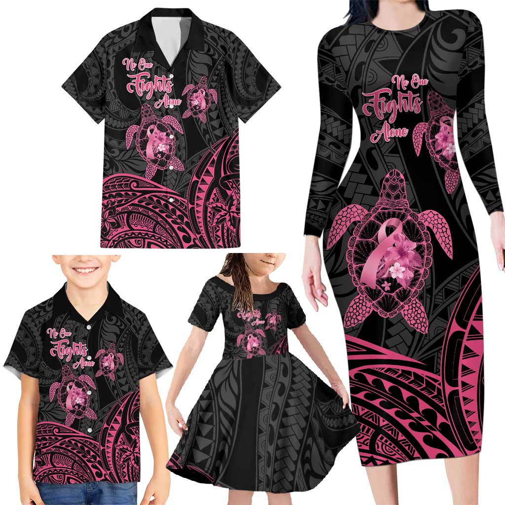 Personalised Polynesia Breast Cancer Awareness Family Matching Long Sleeve Bodycon Dress and Hawaiian Shirt No One Fights Alone Turtle Ribbon - Black Version LT14 - Polynesian Pride