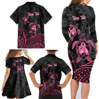Personalised Polynesia Breast Cancer Awareness Family Matching Long Sleeve Bodycon Dress and Hawaiian Shirt No One Fights Alone Turtle Ribbon - Black Version LT14 - Polynesian Pride