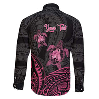 Personalised Polynesia Breast Cancer Awareness Family Matching Long Sleeve Bodycon Dress and Hawaiian Shirt No One Fights Alone Turtle Ribbon - Black Version LT14 - Polynesian Pride