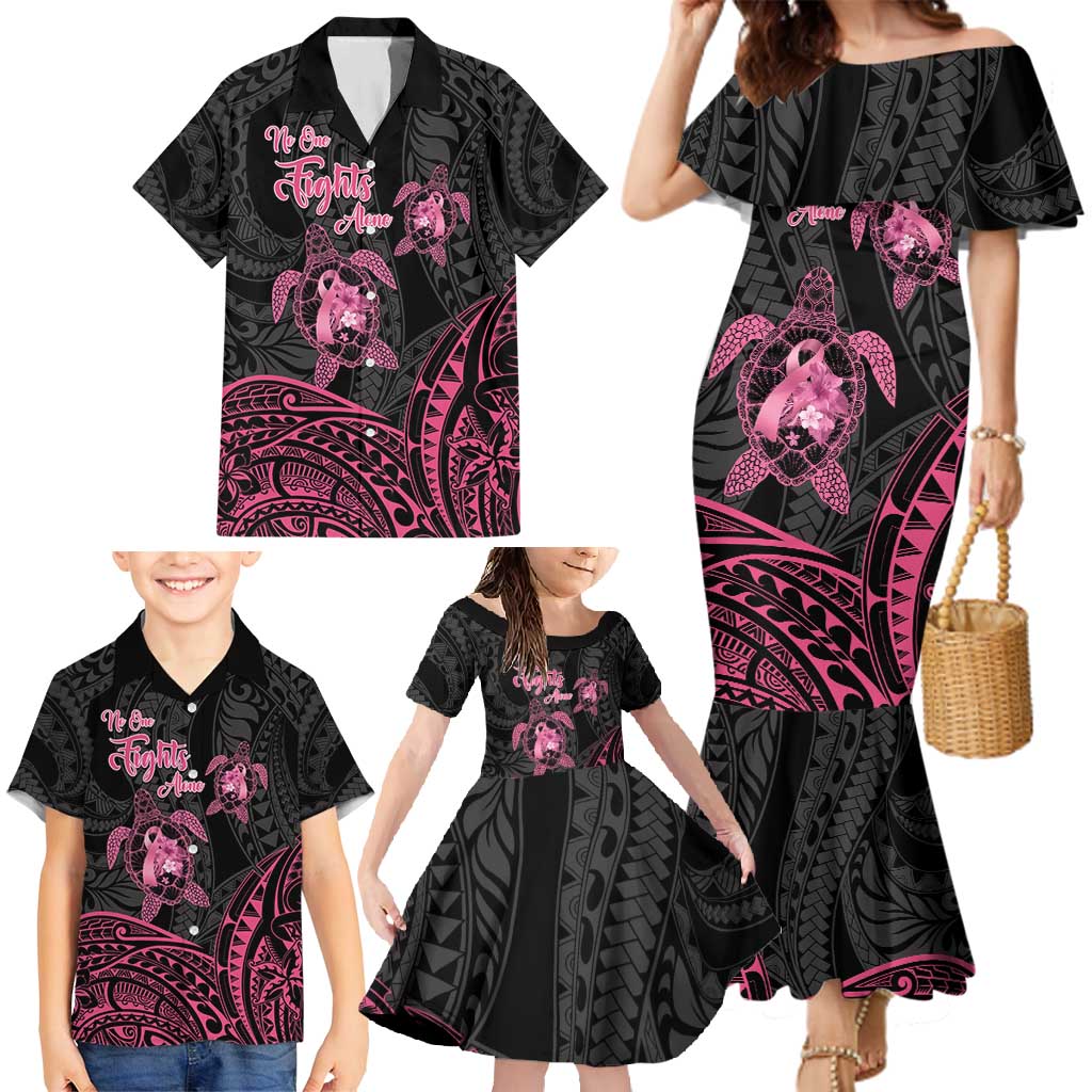 Personalised Polynesia Breast Cancer Awareness Family Matching Mermaid Dress and Hawaiian Shirt No One Fights Alone Turtle Ribbon - Black Version LT14 - Polynesian Pride