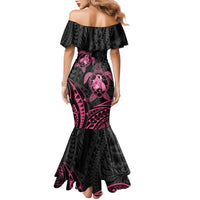 Personalised Polynesia Breast Cancer Awareness Family Matching Mermaid Dress and Hawaiian Shirt No One Fights Alone Turtle Ribbon - Black Version LT14 - Polynesian Pride