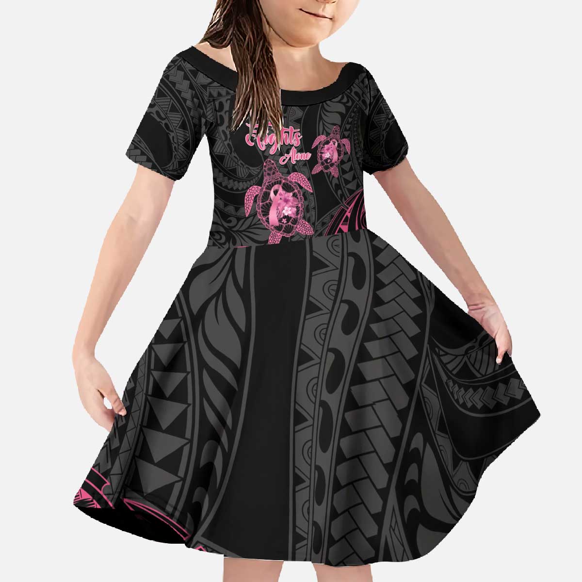 Personalised Polynesia Breast Cancer Awareness Family Matching Off The Shoulder Long Sleeve Dress and Hawaiian Shirt No One Fights Alone Turtle Ribbon - Black Version LT14 Daughter's Dress Black - Polynesian Pride