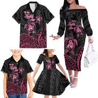 Personalised Polynesia Breast Cancer Awareness Family Matching Off The Shoulder Long Sleeve Dress and Hawaiian Shirt No One Fights Alone Turtle Ribbon - Black Version LT14 - Polynesian Pride