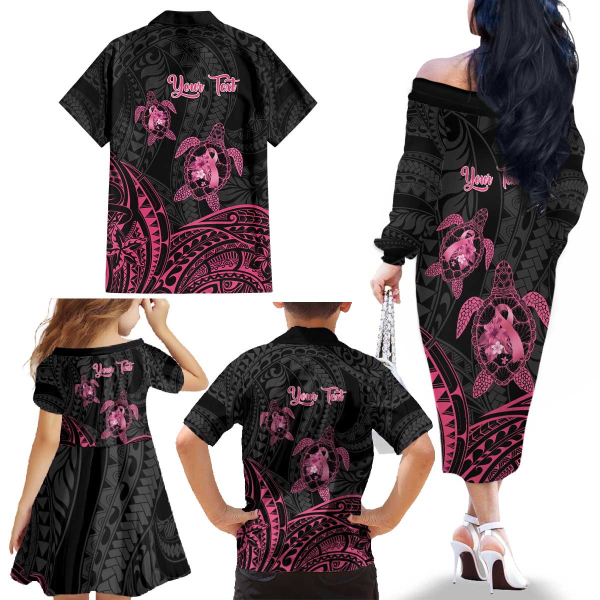 Personalised Polynesia Breast Cancer Awareness Family Matching Off The Shoulder Long Sleeve Dress and Hawaiian Shirt No One Fights Alone Turtle Ribbon - Black Version LT14 - Polynesian Pride