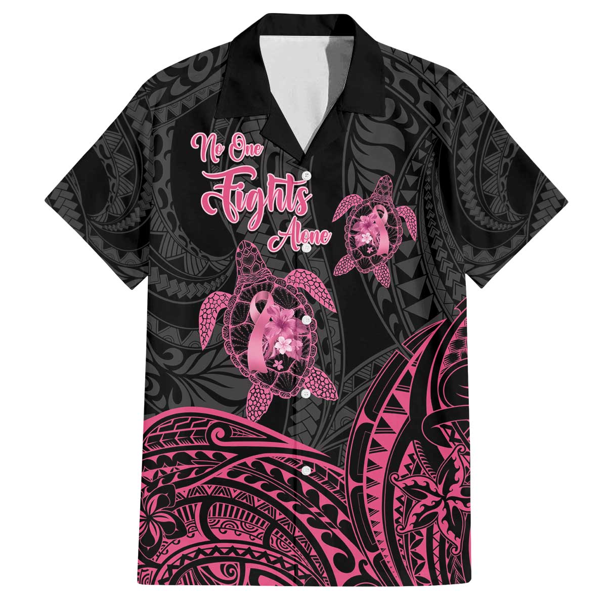 Personalised Polynesia Breast Cancer Awareness Family Matching Off The Shoulder Long Sleeve Dress and Hawaiian Shirt No One Fights Alone Turtle Ribbon - Black Version LT14 Dad's Shirt - Short Sleeve Black - Polynesian Pride