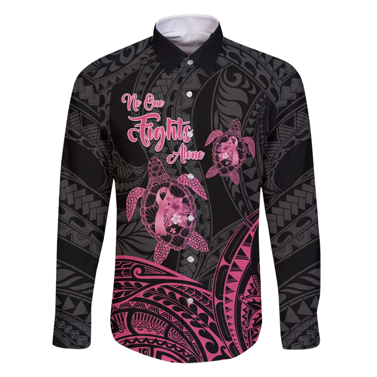 Personalised Polynesia Breast Cancer Awareness Family Matching Off The Shoulder Long Sleeve Dress and Hawaiian Shirt No One Fights Alone Turtle Ribbon - Black Version LT14 Dad's Shirt - Long Sleeve Black - Polynesian Pride