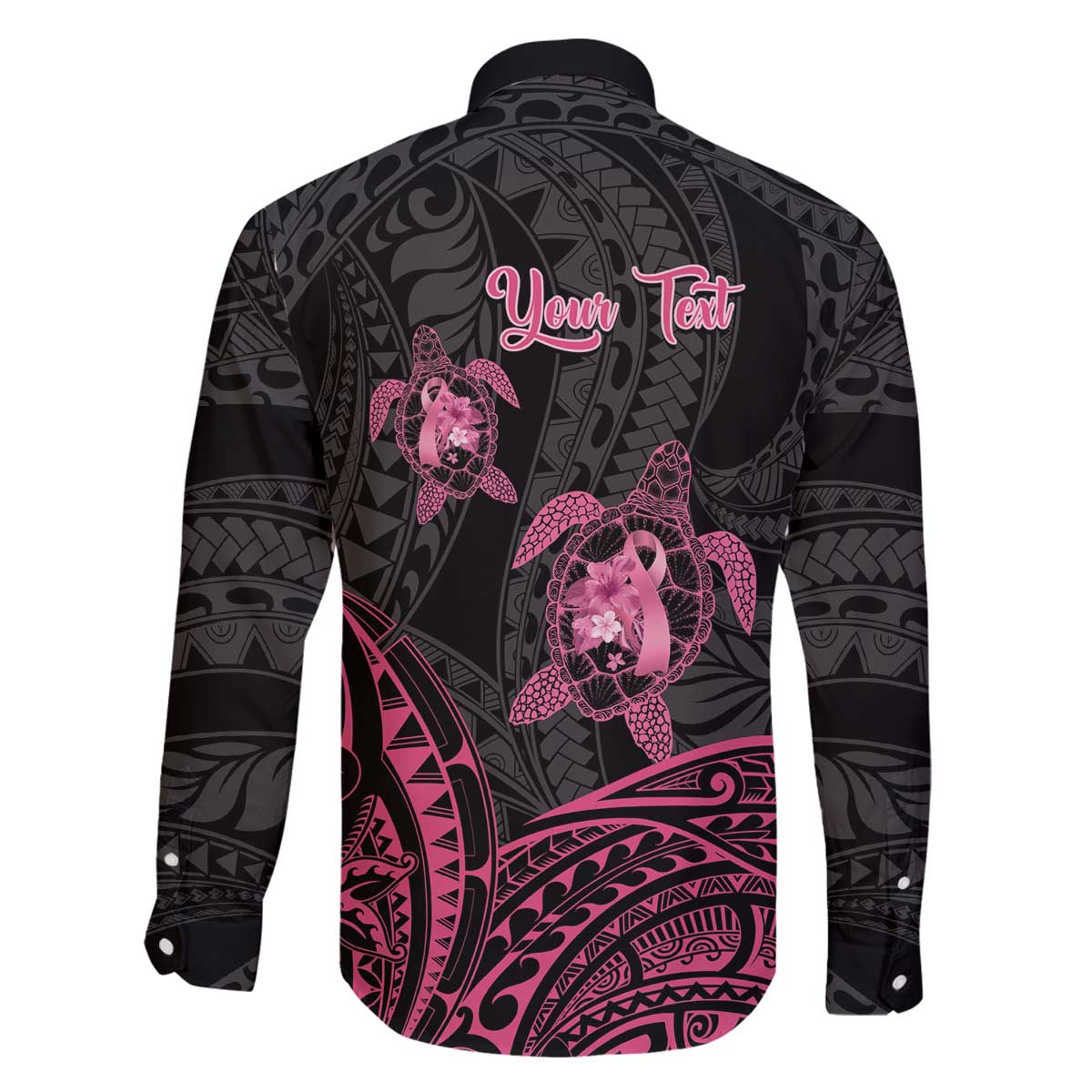 Personalised Polynesia Breast Cancer Awareness Family Matching Off The Shoulder Long Sleeve Dress and Hawaiian Shirt No One Fights Alone Turtle Ribbon - Black Version LT14 - Polynesian Pride