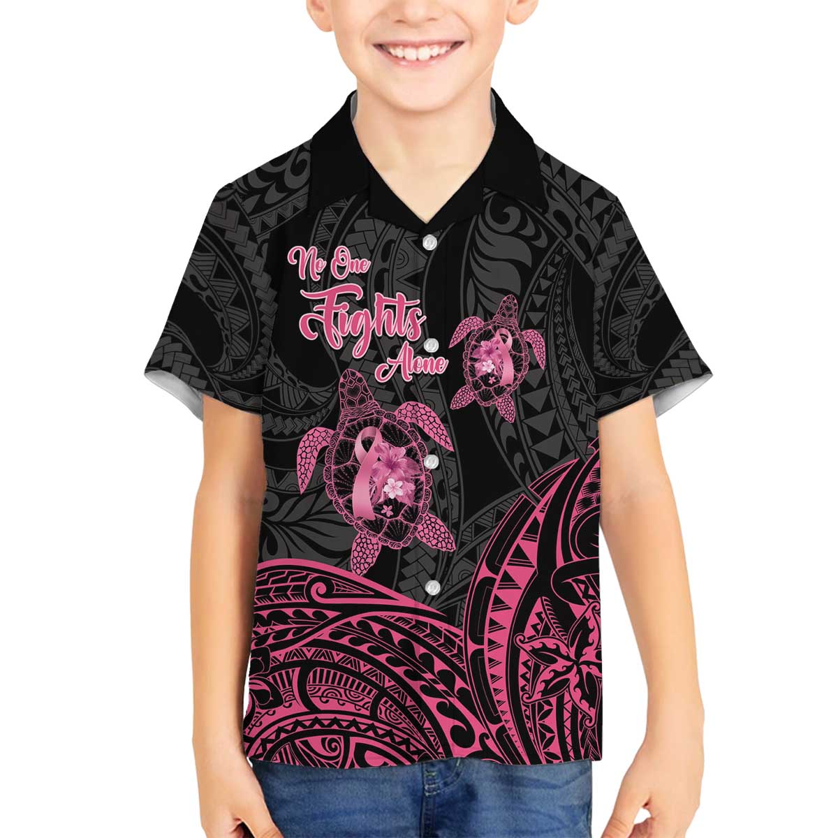 Personalised Polynesia Breast Cancer Awareness Family Matching Off The Shoulder Long Sleeve Dress and Hawaiian Shirt No One Fights Alone Turtle Ribbon - Black Version LT14 Son's Shirt Black - Polynesian Pride
