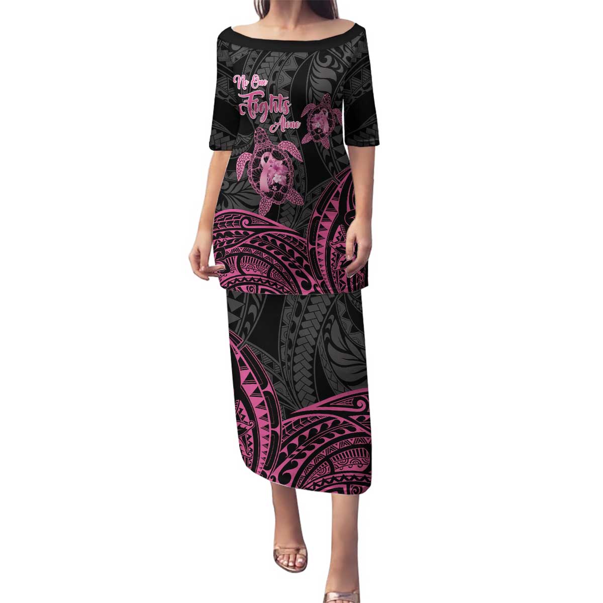 Personalised Polynesia Breast Cancer Awareness Family Matching Puletasi and Hawaiian Shirt No One Fights Alone Turtle Ribbon - Black Version