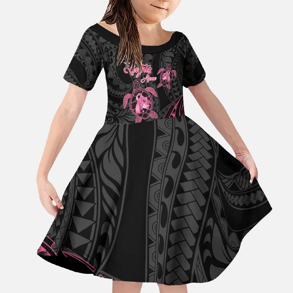 Personalised Polynesia Breast Cancer Awareness Family Matching Short Sleeve Bodycon Dress and Hawaiian Shirt No One Fights Alone Turtle Ribbon - Black Version LT14 Daughter's Dress Black - Polynesian Pride