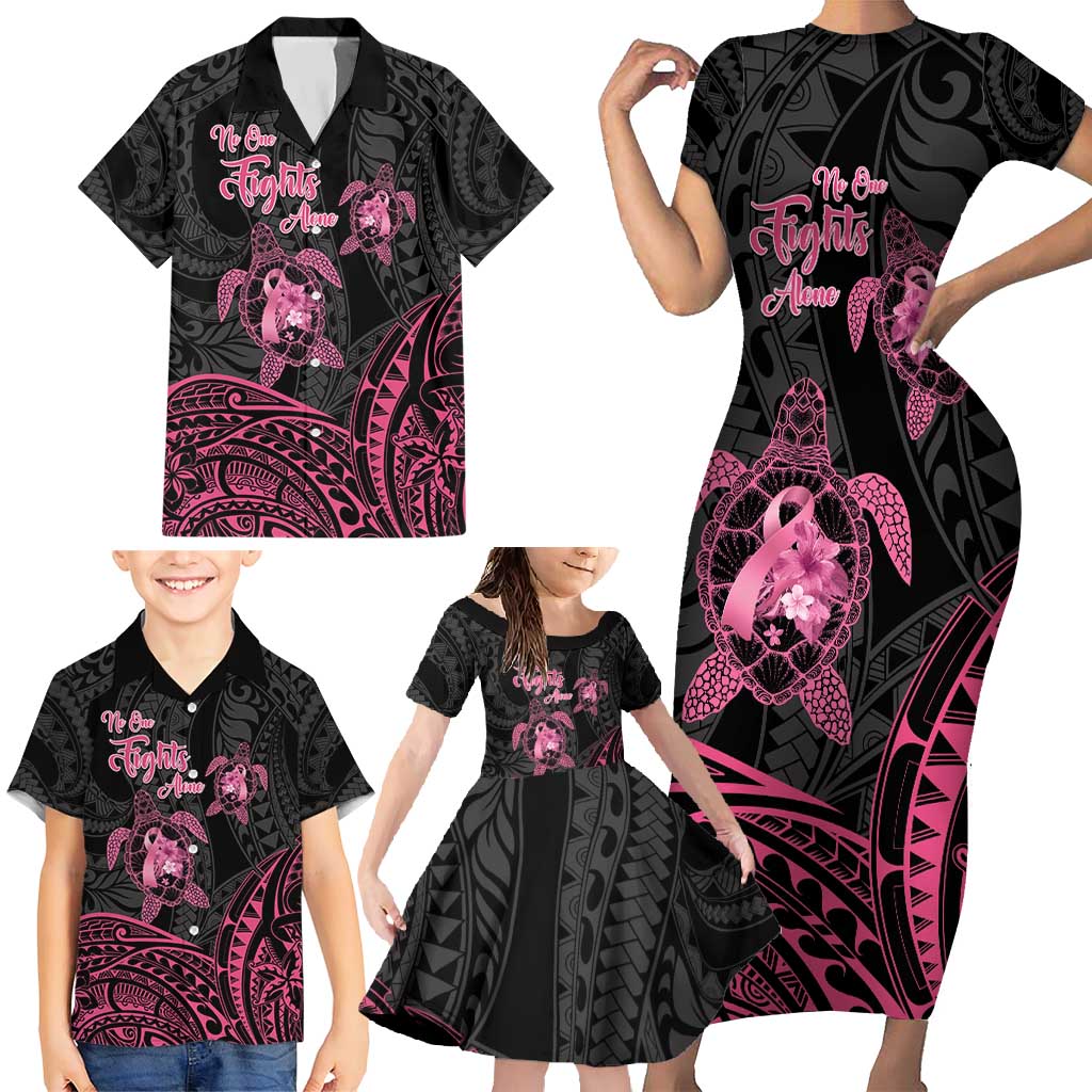 Personalised Polynesia Breast Cancer Awareness Family Matching Short Sleeve Bodycon Dress and Hawaiian Shirt No One Fights Alone Turtle Ribbon - Black Version LT14 - Polynesian Pride