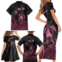 Personalised Polynesia Breast Cancer Awareness Family Matching Short Sleeve Bodycon Dress and Hawaiian Shirt No One Fights Alone Turtle Ribbon - Black Version LT14 - Polynesian Pride
