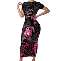 Personalised Polynesia Breast Cancer Awareness Family Matching Short Sleeve Bodycon Dress and Hawaiian Shirt No One Fights Alone Turtle Ribbon - Black Version LT14 Mom's Dress Black - Polynesian Pride