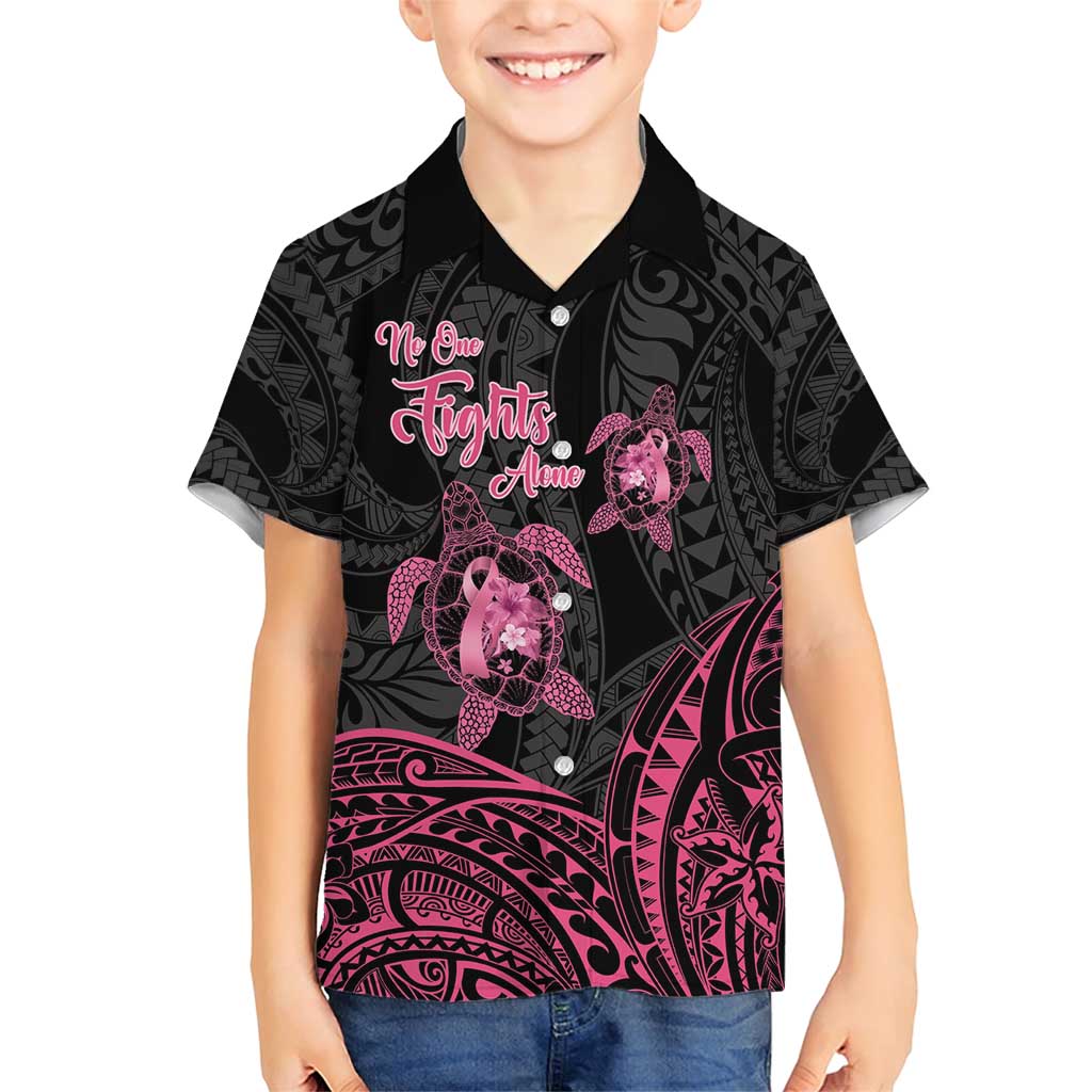 Personalised Polynesia Breast Cancer Awareness Family Matching Short Sleeve Bodycon Dress and Hawaiian Shirt No One Fights Alone Turtle Ribbon - Black Version LT14 Son's Shirt Black - Polynesian Pride