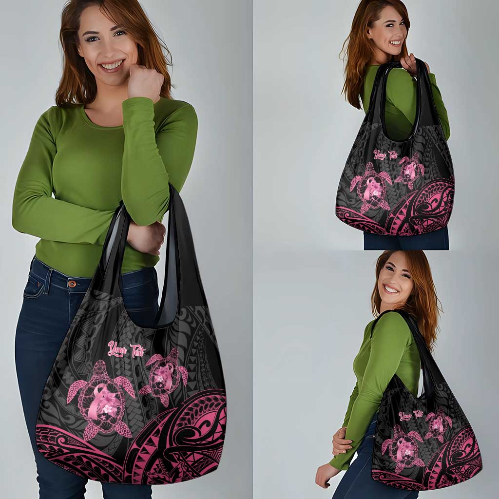 Personalised Polynesia Breast Cancer Awareness Grocery Bag No One Fights Alone Turtle Ribbon - Black Version