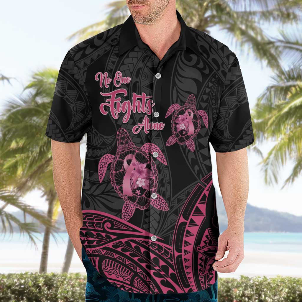Personalised Polynesia Breast Cancer Awareness Hawaiian Shirt No One Fights Alone Turtle Ribbon - Black Version