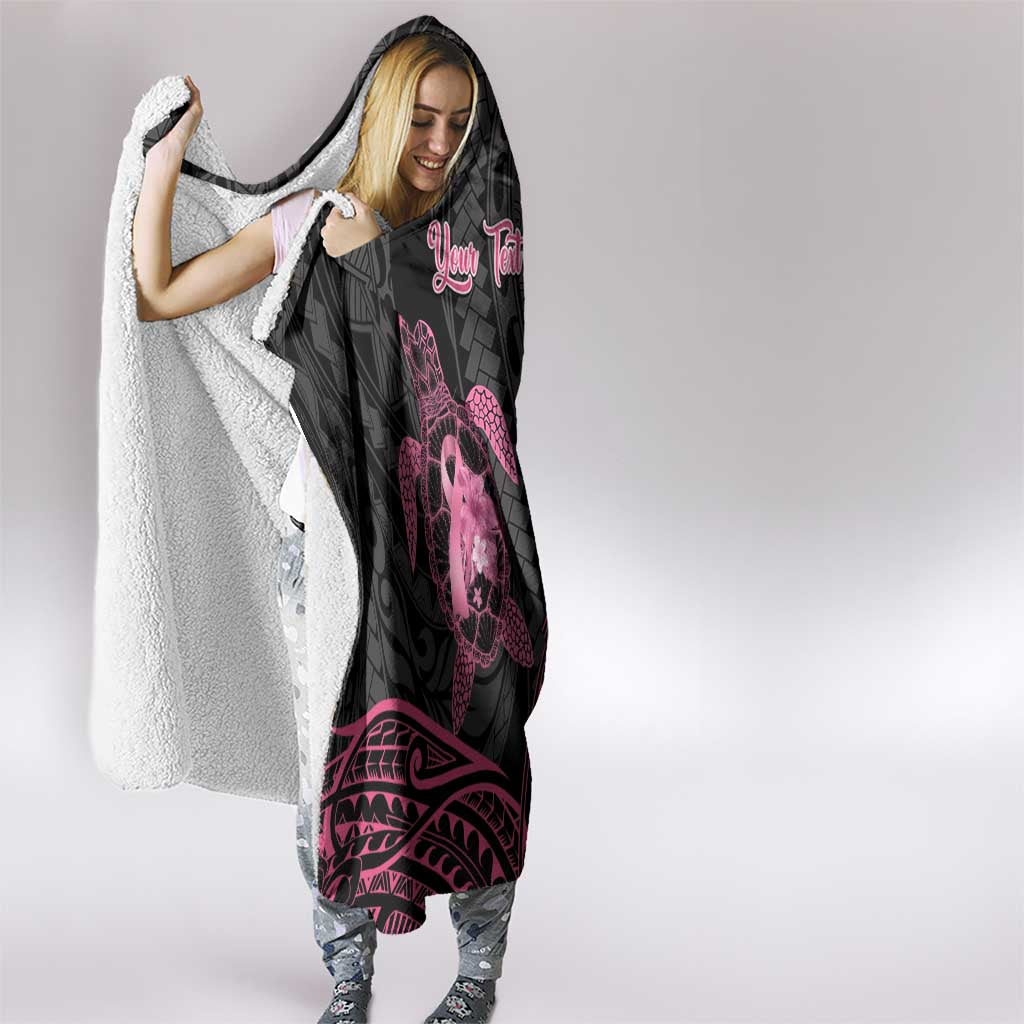 Personalised Polynesia Breast Cancer Awareness Hooded Blanket No One Fights Alone Turtle Ribbon - Black Version