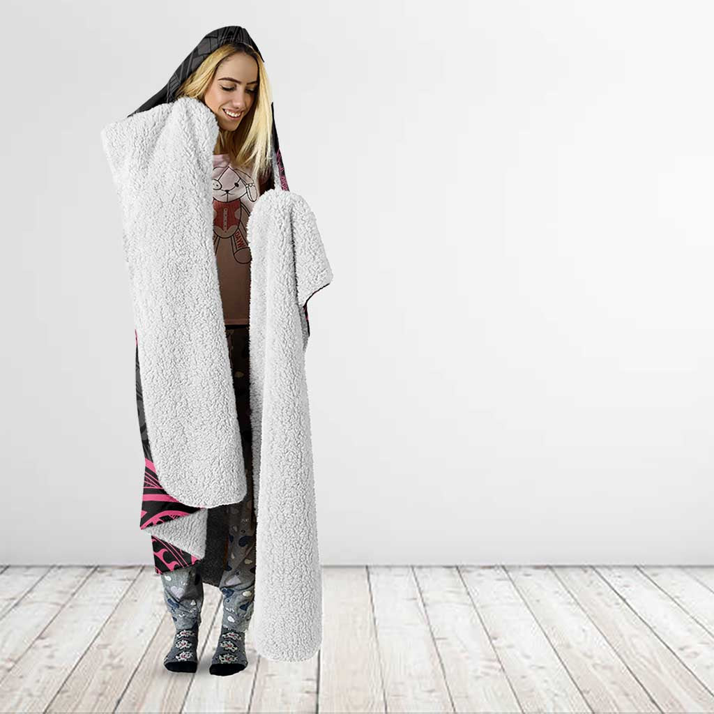 Personalised Polynesia Breast Cancer Awareness Hooded Blanket No One Fights Alone Turtle Ribbon - Black Version