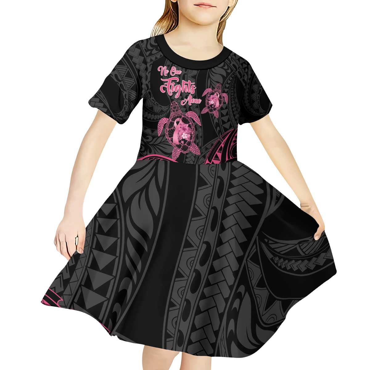 Personalised Polynesia Breast Cancer Awareness Kid Short Sleeve Dress No One Fights Alone Turtle Ribbon - Black Version LT14 - Polynesian Pride