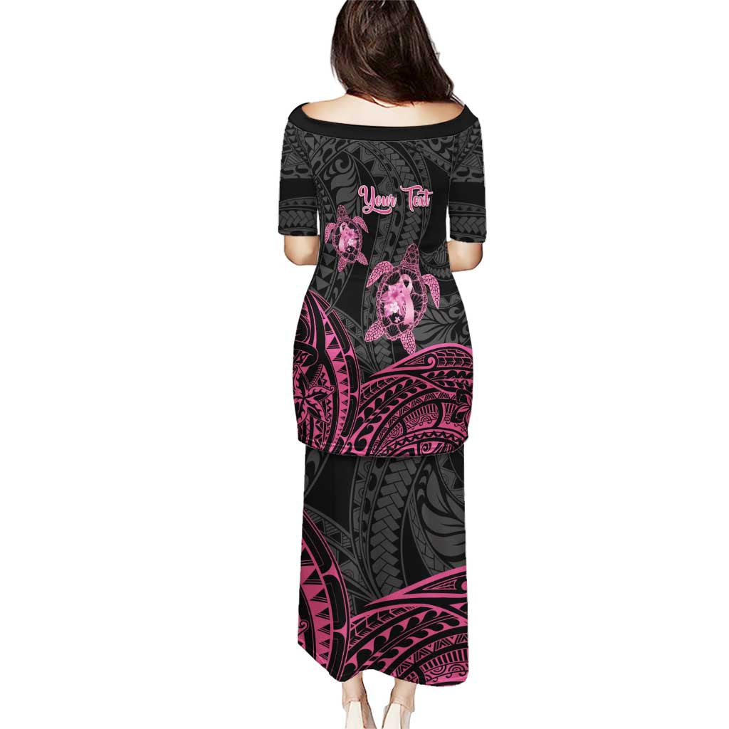 Personalised Polynesia Breast Cancer Awareness Puletasi No One Fights Alone Turtle Ribbon - Black Version